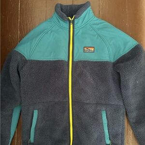 Teal and Gray Fleece Jacket with Yellow Zipper
